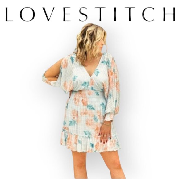 Lovestitch Cold Shoulder Smock Dress in Aqua Floral - Picture 1 of 8